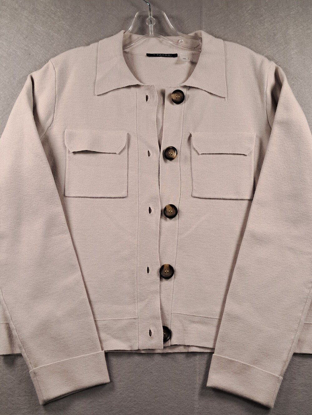 T Tahari Women’s Sweater Jacket M Blush Beige Knit Utility Button Front